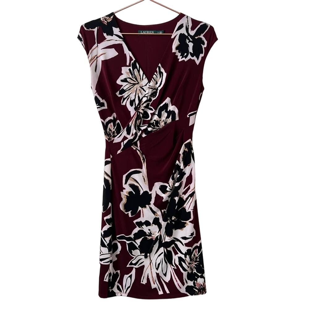 Lauren Ralph Lauren plum purple burgundy red floral print faux wrap dress